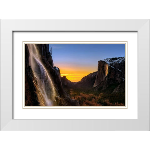 Double Waterfalls White Modern Wood Framed Art Print with Double Matting by Zhu, Hua