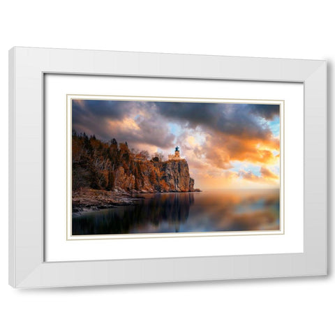 A Cloudy Day At Split Rock Lighthouse White Modern Wood Framed Art Print with Double Matting by He, Like