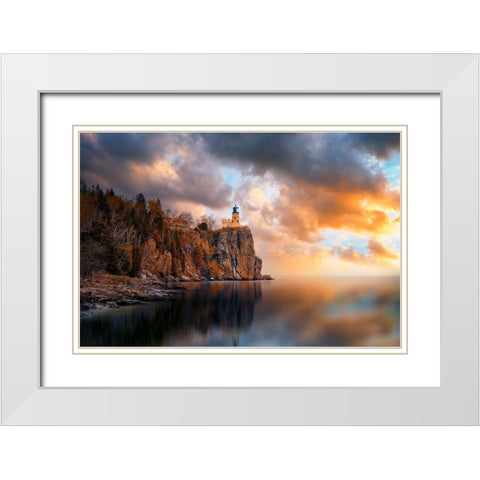A Cloudy Day At Split Rock Lighthouse White Modern Wood Framed Art Print with Double Matting by He, Like