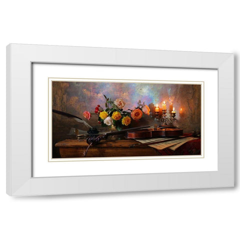 Still Life With Violin And Flowers White Modern Wood Framed Art Print with Double Matting by Morozov, Andrey