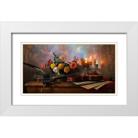 Still Life With Violin And Flowers White Modern Wood Framed Art Print with Double Matting by Morozov, Andrey