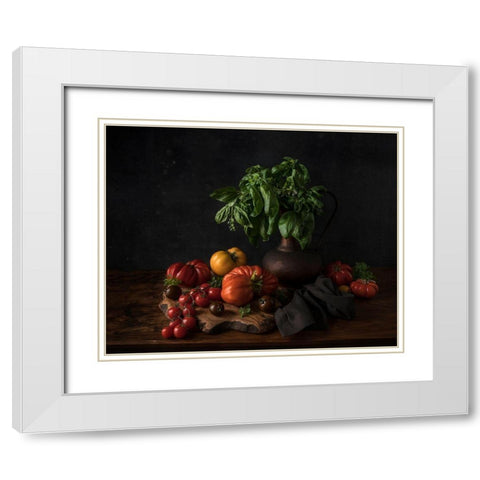 Still Life With Tomatoes And Basil White Modern Wood Framed Art Print with Double Matting by Popescu, Diana