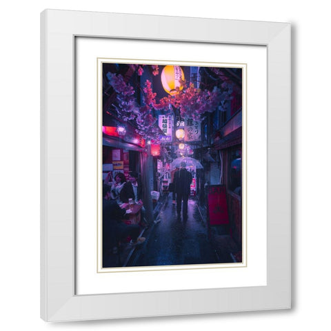 Tokyo Blue Rain White Modern Wood Framed Art Print with Double Matting by De La, Javier