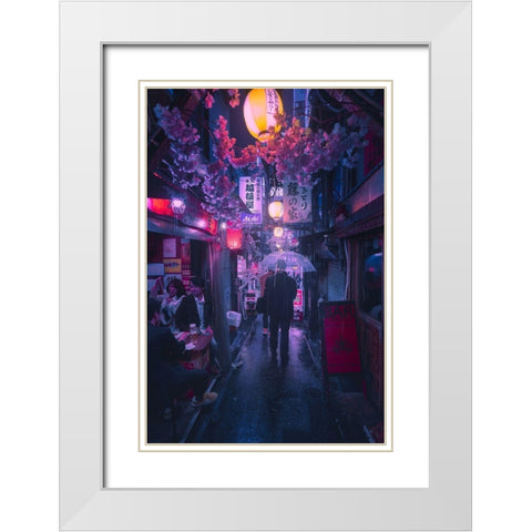 Tokyo Blue Rain White Modern Wood Framed Art Print with Double Matting by De La, Javier