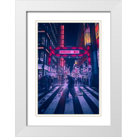 Tokyo Blue Rain White Modern Wood Framed Art Print with Double Matting by De La, Javier