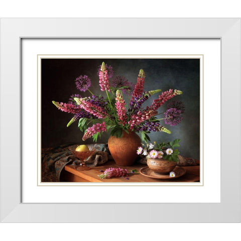 Still Life With A Bouquet Of Lupine White Modern Wood Framed Art Print with Double Matting by Skorokhod, Tatyana