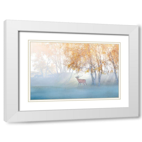 Elk Lost In Mist White Modern Wood Framed Art Print with Double Matting by Simoon