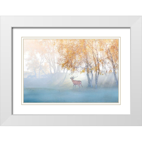 Elk Lost In Mist White Modern Wood Framed Art Print with Double Matting by Simoon