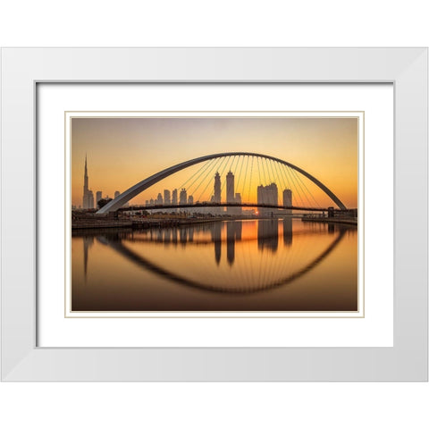 Sunrise At The Dubai Water Canal White Modern Wood Framed Art Print with Double Matting by Shamaa, Mohammed