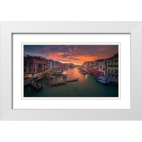 Grand Canal At Sunset -View From The Rialto Bridge -Venice . White Modern Wood Framed Art Print with Double Matting by Calpagiu, Anton