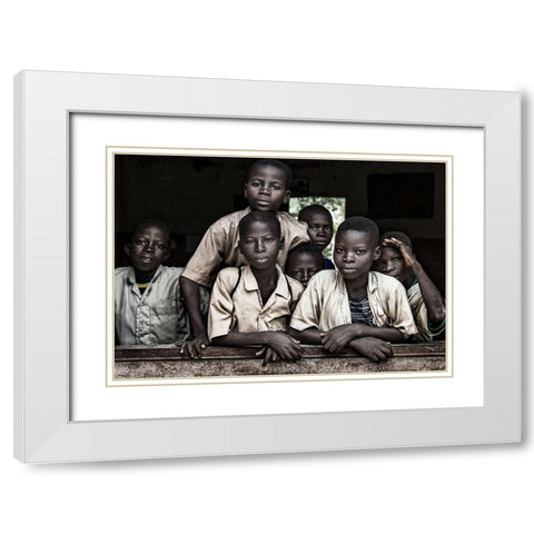 Boys At School In Benin White Modern Wood Framed Art Print with Double Matting by Inazio Kuesta, Joxe