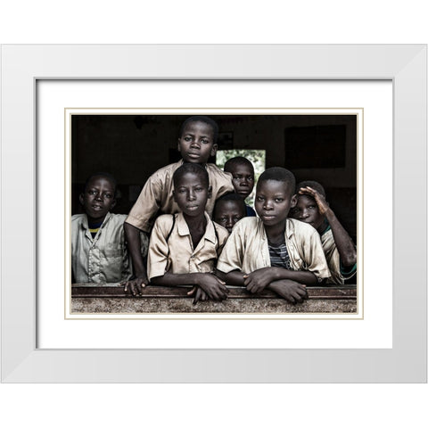 Boys At School In Benin White Modern Wood Framed Art Print with Double Matting by Inazio Kuesta, Joxe