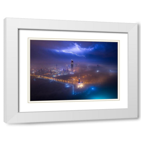 Fog And Lightning In Kuwait City White Modern Wood Framed Art Print with Double Matting by Alnomas, Faisal