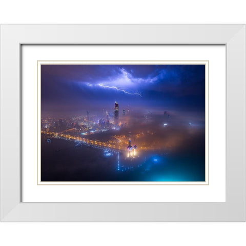Fog And Lightning In Kuwait City White Modern Wood Framed Art Print with Double Matting by Alnomas, Faisal