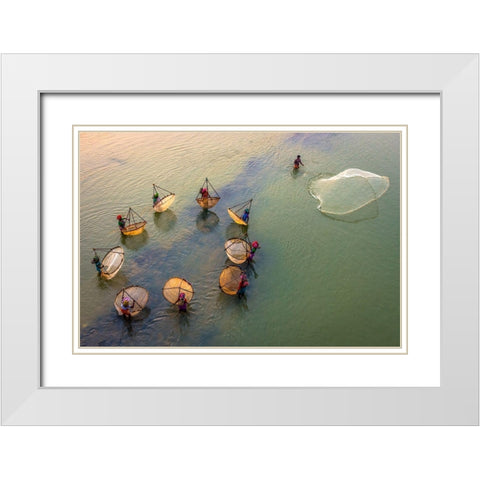 Fisher Women Catching Fishes White Modern Wood Framed Art Print with Double Matting by Sirohiya, Saurabh