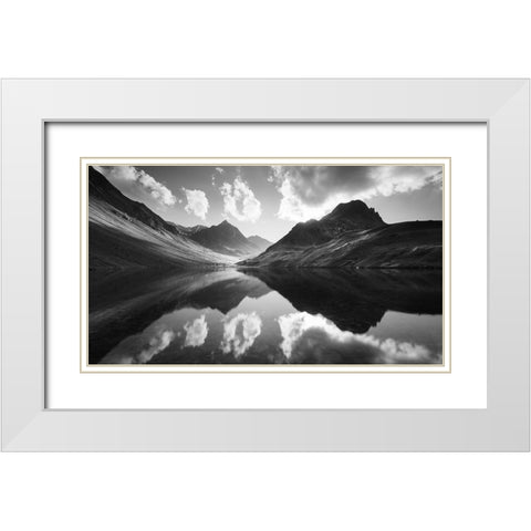 Mountain Reflection White Modern Wood Framed Art Print with Double Matting by Muqa, Burim