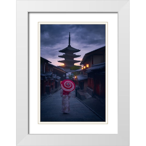 Walking Kyoto White Modern Wood Framed Art Print with Double Matting by De La, Javier