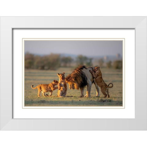 Dad And Kids White Modern Wood Framed Art Print with Double Matting by Li, Min