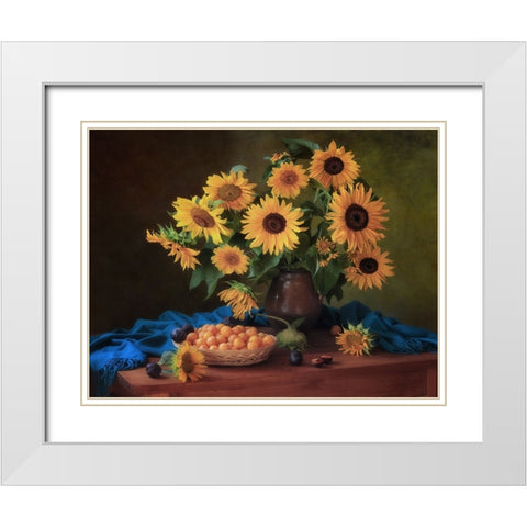Still Life With Sunflowers And Plums White Modern Wood Framed Art Print with Double Matting by Skorokhod, Tatyana