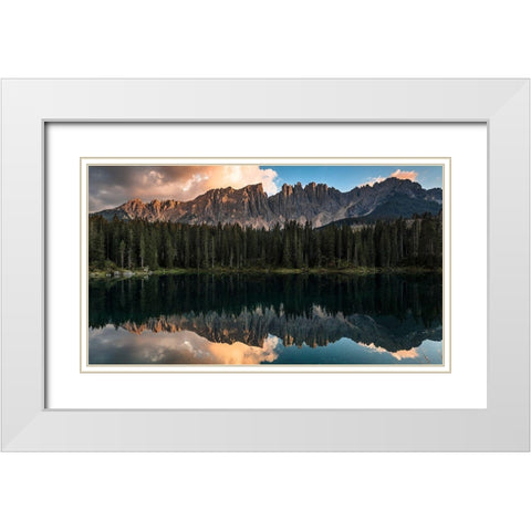Sunset At Lake Carezza White Modern Wood Framed Art Print with Double Matting by Aguaneigra
