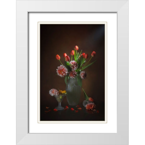 Orange Tulips And Dahlia White Modern Wood Framed Art Print with Double Matting by Jacobs, Lydia