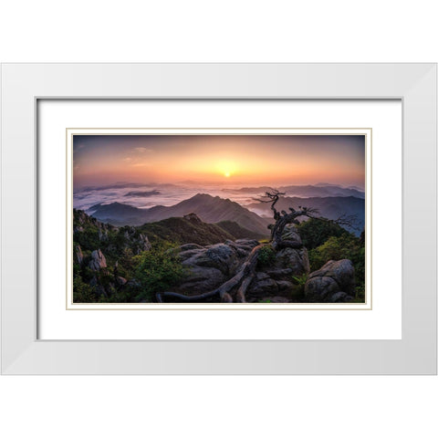 Sunrise On Top White Modern Wood Framed Art Print with Double Matting by Seo, Tiger