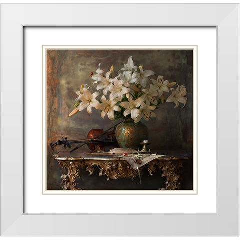 Still Life With Violin And Flowers White Modern Wood Framed Art Print with Double Matting by Morozov, Andrey