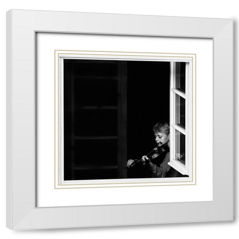 Violinist In The Window White Modern Wood Framed Art Print with Double Matting by Jikharev, Alexander