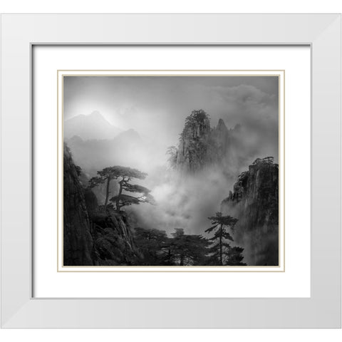 Huang Shan In The Fog White Modern Wood Framed Art Print with Double Matting by Guoji