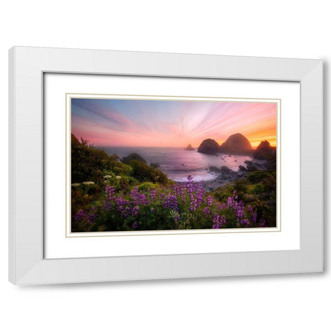 Sister Rocks With Lupin Blooms White Modern Wood Framed Art Print with Double Matting by Q. Wu, Chong