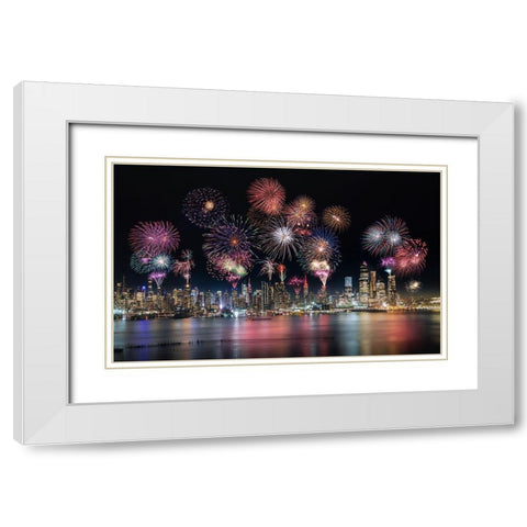 Firework In New York City White Modern Wood Framed Art Print with Double Matting by Dai, Wei