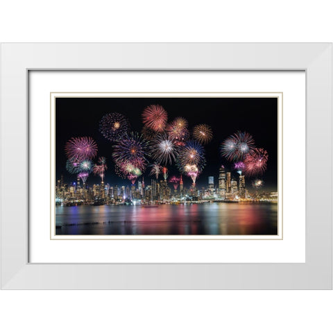 Firework In New York City White Modern Wood Framed Art Print with Double Matting by Dai, Wei