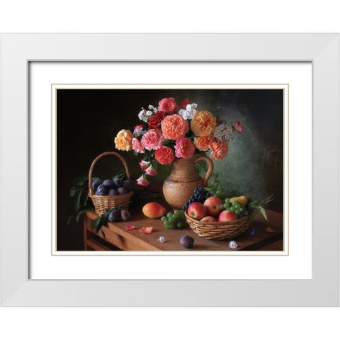 Still Life With Flowers And Autumn Fruits White Modern Wood Framed Art Print with Double Matting by Skorokhod, Tatyana