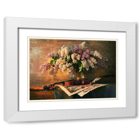 Still Life With Violin And Lilac Flowers White Modern Wood Framed Art Print with Double Matting by Morozov, Andrey