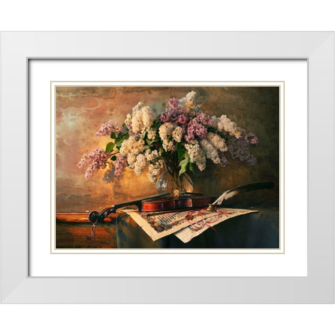 Still Life With Violin And Lilac Flowers White Modern Wood Framed Art Print with Double Matting by Morozov, Andrey