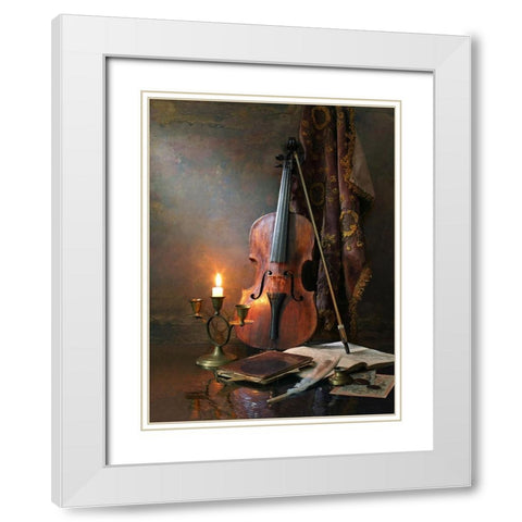 Still Life With Violin And Candle White Modern Wood Framed Art Print with Double Matting by Morozov, Andrey