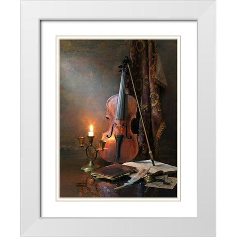 Still Life With Violin And Candle White Modern Wood Framed Art Print with Double Matting by Morozov, Andrey