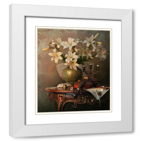 Still Life With Violin And Lilies White Modern Wood Framed Art Print with Double Matting by Morozov, Andrey