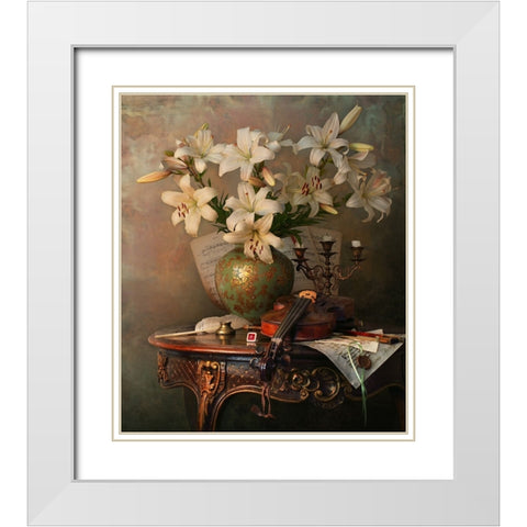 Still Life With Violin And Lilies White Modern Wood Framed Art Print with Double Matting by Morozov, Andrey
