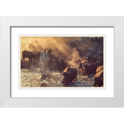 The Buffalo Shepherd White Modern Wood Framed Art Print with Double Matting by Aktar, Meric