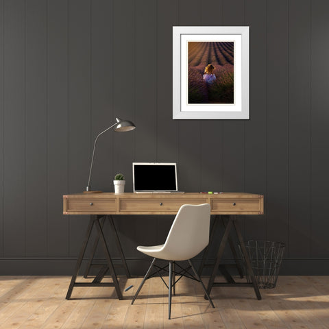 A Girl Running Towards The Flower Field White Modern Wood Framed Art Print with Double Matting by Hu, Mei