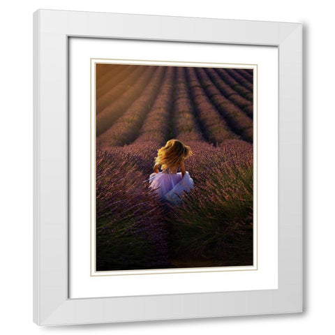 A Girl Running Towards The Flower Field White Modern Wood Framed Art Print with Double Matting by Hu, Mei