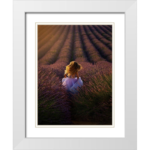 A Girl Running Towards The Flower Field White Modern Wood Framed Art Print with Double Matting by Hu, Mei