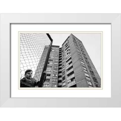 The Boy Behind The Fence White Modern Wood Framed Art Print with Double Matting by Cvetkovic, Svetislav