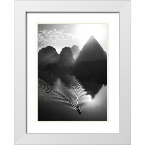Fisherman at sunrise White Modern Wood Framed Art Print with Double Matting by Massetti, Fabrizio