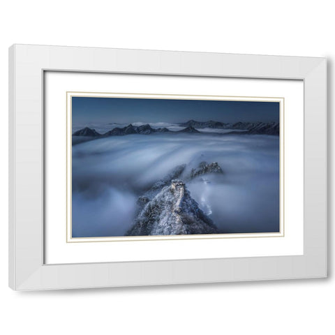 Flowing clouds pass over the Jian Kou Great Wall White Modern Wood Framed Art Print with Double Matting by Cui, Yuan