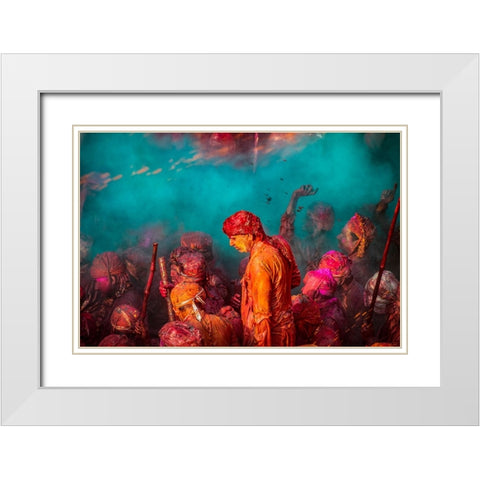 A Blue Hue Over The Singers At The Samaj During Holi White Modern Wood Framed Art Print with Double Matting by Rana, Ajit