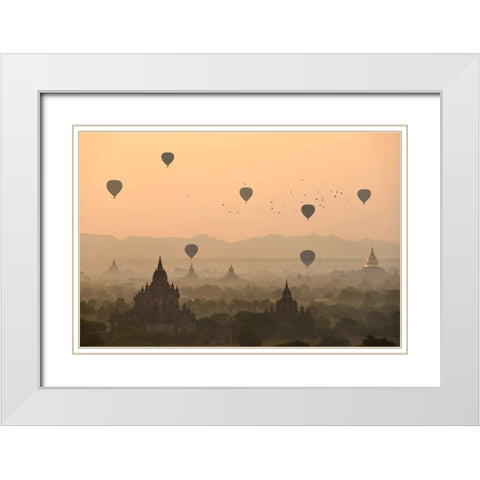 Bagan, balloons flying over ancient temples White Modern Wood Framed Art Print with Double Matting by Intarob, Sarawut