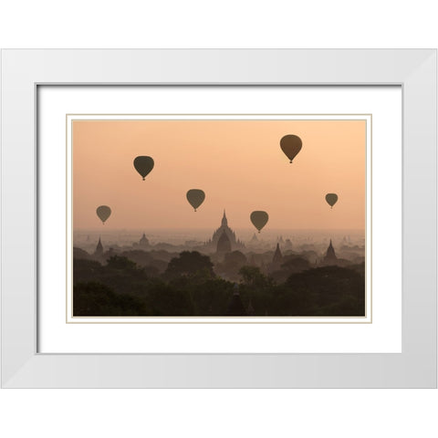 Bagan, balloons flying over ancient temples White Modern Wood Framed Art Print with Double Matting by Intarob, Sarawut