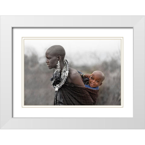 Maasai Mother And Son White Modern Wood Framed Art Print with Double Matting by Ren, Yuzheng